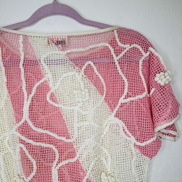 Lim's Vintage Hand Crocheted Abstract Flower Top Pink White Pom Poms Medium - Picture 6 of 6